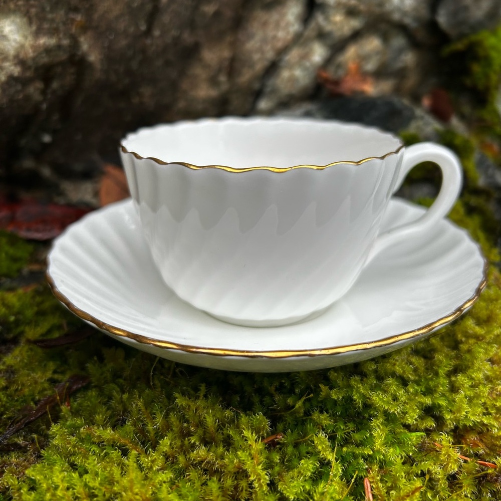Classic White and Gold Rimmed Teacup and Saucer